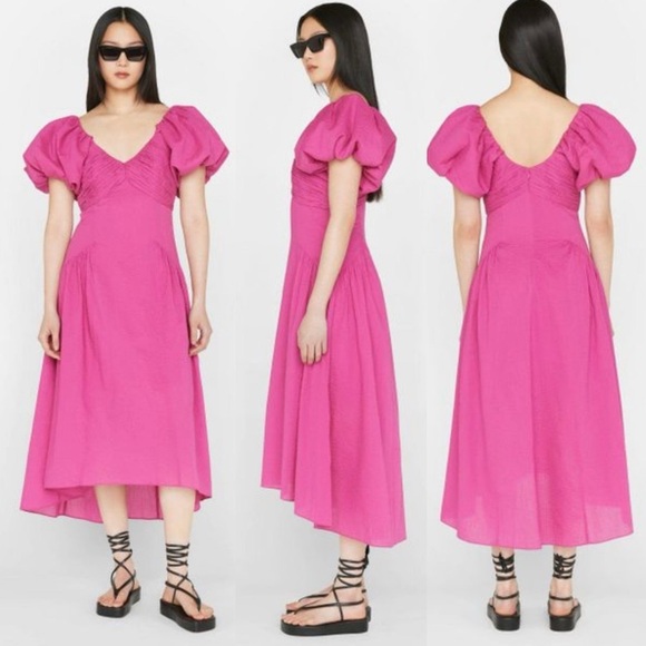 FRAME Puff-sleeve Textured Midi Dress V-neck A-line High Low Flounce Hem Small - Picture 7 of 16